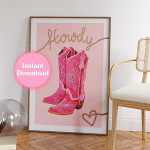Printable Cowgirl boots illustration art print, instant digital download , cowboy aesthetic, western, girl, pink and red, Dolly Parton,