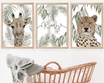 Personalised Nursery safari Print Set, kids Wall Art, Set of 3, Unisex Decor,name and initial, bedroom, watercolour jungle, baby animals