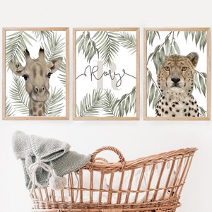 Personalised Nursery safari Print Set, kids Wall Art, Set of 3, Unisex Decor,name and initial, bedroom, watercolour jungle, baby animals