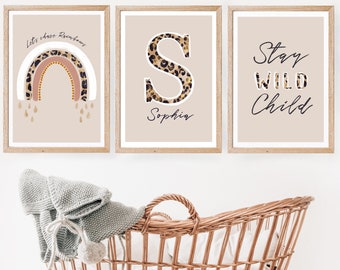 leopard print , rainbow personalised Art Set,nursery, crèche, kids Wall, Set of 3, Unisex Decor, name initial, bedroom, stay wild cheetah