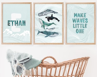 Personalised Nursery whales Print Set, kids Wall Art, Set of 3, Unisex Decor,name initial, bedroom, watercolour sea-life, ocean waves, blue