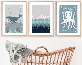 Personalised sea life nursery prints, set of 3 or 4, green , navy baby blue, whales coral octopus, under the sea, wall art kids prints