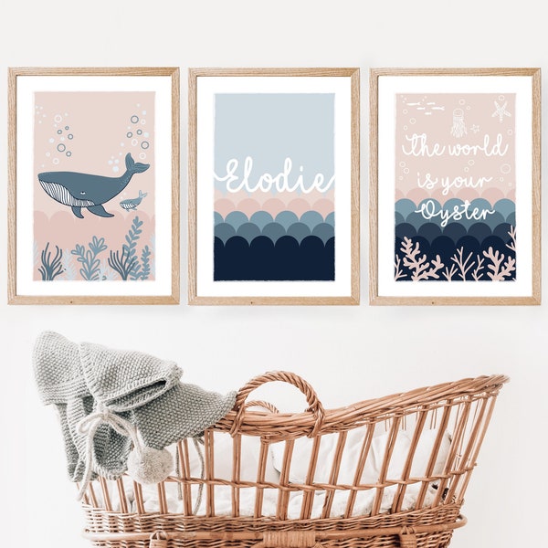 Personalised sea life nursery prints, set of 3 or 4, pink blush, navy blue, whales coral octopus, under the sea, wall art kids prints