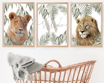 Personalised Nursery safari Print Set, kids Wall Art, Set of 3, Unisex Decor,name initial, bedroom, watercolour jungle, baby animals lion