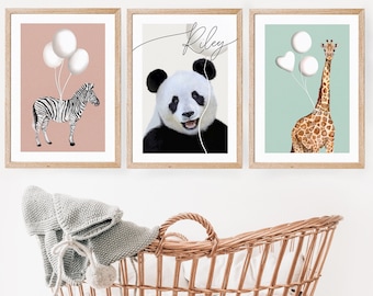 Personalised Nursery safari balloon Print Set, kids Wall Art, Set of 3, Unisex Decor name initial, bedroom, watercolour jungle, baby animals