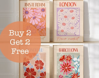 Flower market poster style home decor wall art prints. Set of 4 , floral, cities, travel, Amsterdam, London, Barcelona, Honolulu, retro