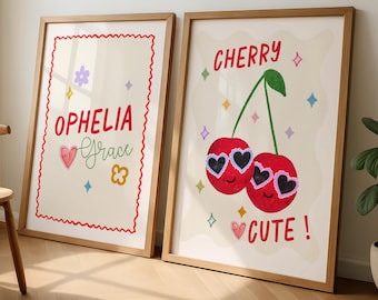 Cherry cute kids wall art prints, personalised with name