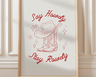 Cowgirl boots aesthetic art print , cowboy hat, western, girl, vintage retro, Dolly Parton, y2k, rodeo, girls apartment, red & white