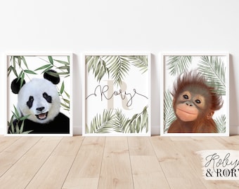 Personalised Nursery safari Print Set, kids Wall Art, Set of 3, Unisex Decor,name and initial, bedroom, watercolour jungle, baby animals