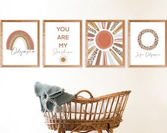 Personalised Nursery Rainbow Print Set, Nursery Wall Art, Set of 4 nursery, Girls Decor, sunshine , rainbow, kids room art, leopard print