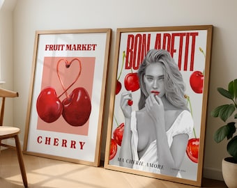 cherry fruit market art print set of 2 , coquette style illustration, fashion magazine, preppy, feminine trendy poster, Cherie amor