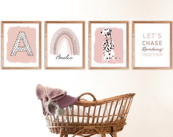 Personalised Nursery spotty dog Rainbow Print Set, Wall Art, Set of 4 nursery, Girls Decor, initial, blush, kids room art, Dalmatian print