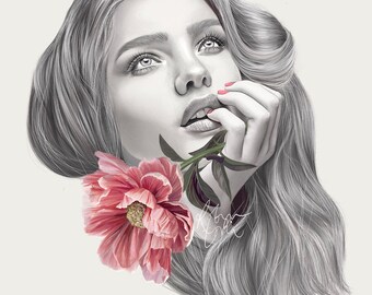 Natasha peony print // flower crown // fashion illustration // portrait // peonies // wall art // home decor
