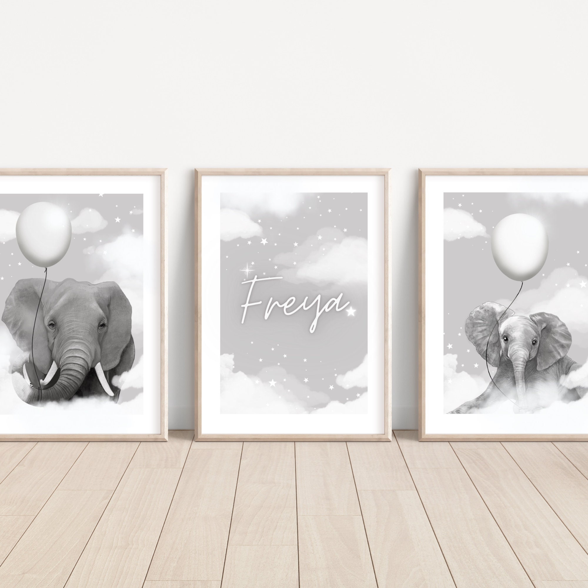 Personalised Baby elephant nursery wall art set of 3 , name , grey clouds, animals with balloons, stars, gender neutral
