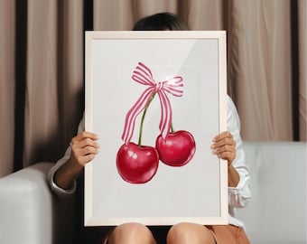 cherry bow watercolour art print, coquette style illustration, y2k, preppy, soft girly feminine decor, trendy poster, pink red aesthetic
