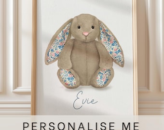 Jellycat bunny art prints, personalised with name, blossom beige bunny teddy, newborn baby gift, nursery art, beige bunny