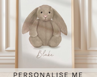 Jellycat bunny art prints, personalised with name, Bashful beige Bunny teddy, newborn baby gift, nursery art,