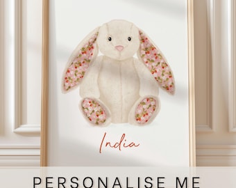 Jellycat bunny art prints, personalised with name, Blossom Cream Mimi Bunny teddy, newborn baby gift, nursery art,