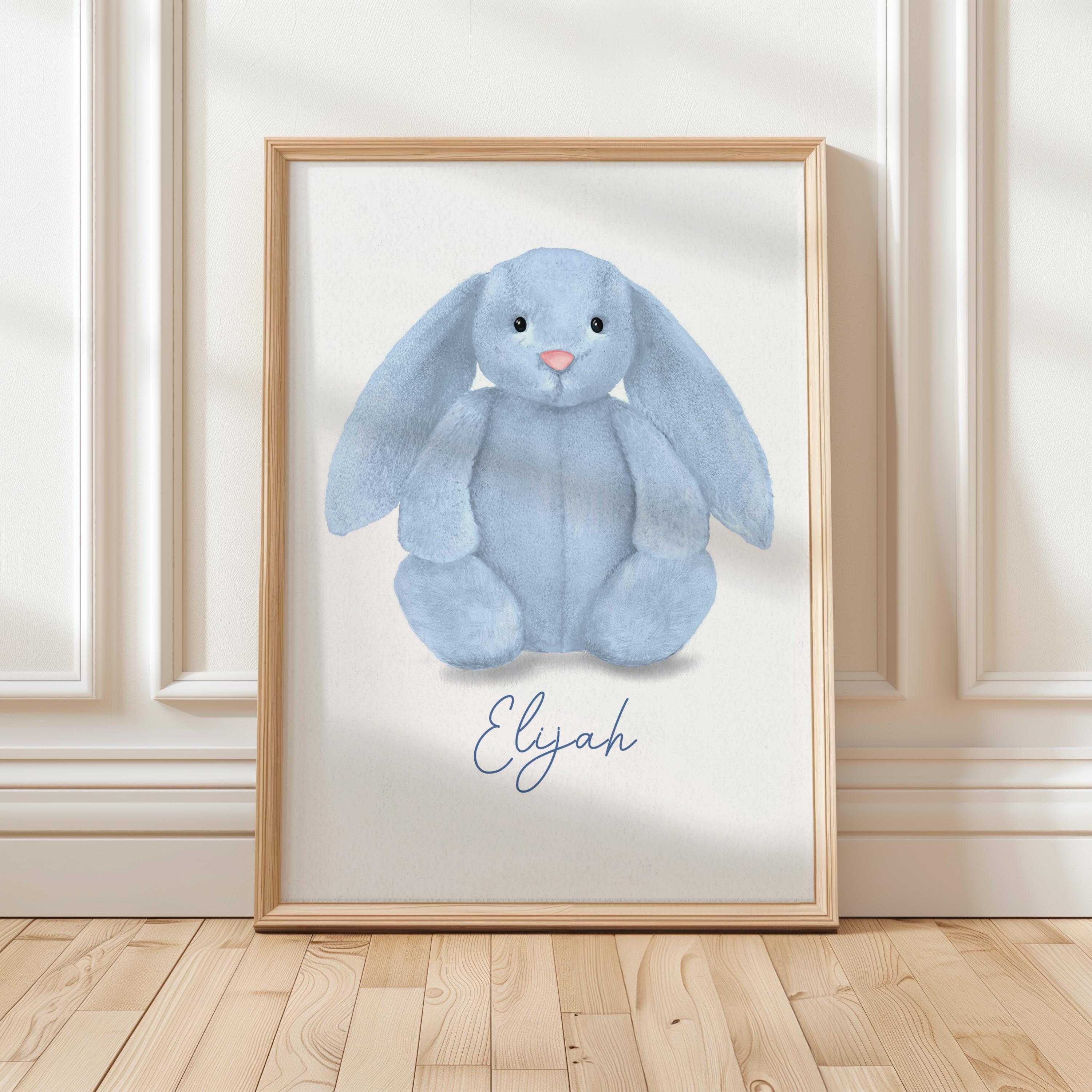 Jellycat Bunny Art Prints, Personalised With Name, Bashful Blue Jellycat Bunny Art Prints, Personalised With Name, Bashful Blue