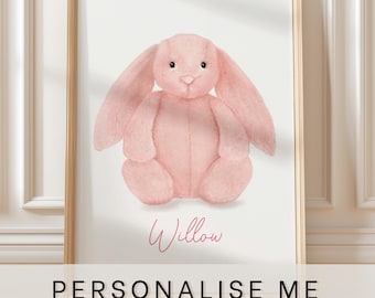 Jellycat bunny art prints, personalised with name, Bashful pink Bunny teddy, newborn baby gift, nursery art,