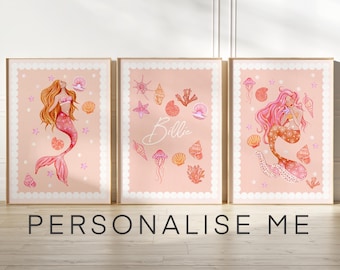 Mermaid kids bedroom wall art prints set 3,sea shells, personalised with name, pink blush, coral peach, scalloped edges, under the sea theme