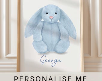 Jellycat bunny art prints, personalised with name, Bashful blue Bunny teddy, newborn baby gift, nursery art,