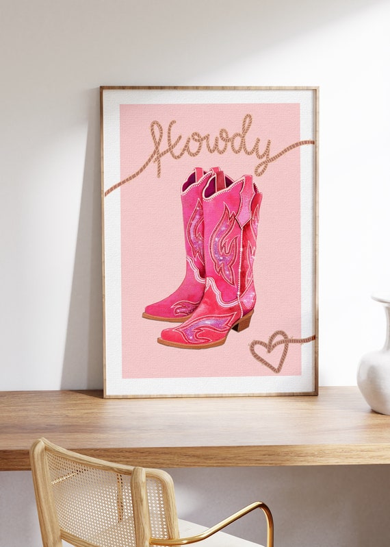 Cowgirl boots illustration art print , cowboy aesthetic, western, girl, pink and red, Dolly Parton,