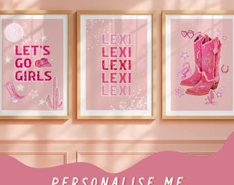 Personalised Pink Cowgirl Wall Art Print | Custom Name Western Bedroom Decor | Girls Room Poster | Cowgirl Boots & Disco Theme