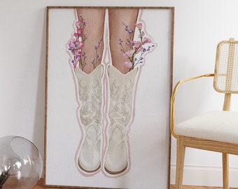 Cowgirl Stiefel Illustration Kunstdruck, Blumen in Stiefeln, Cowboy Ästhetik, Western, Dolly Parton, Let’s Go Mädels, Howdy, Giddy Up Cowgirl