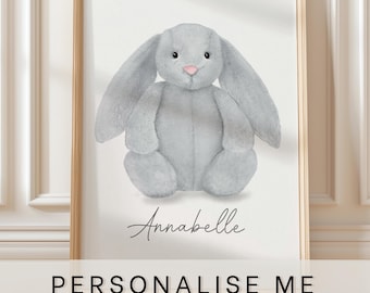 Jellycat bunny art prints, personalised with name, Bashful silver Bunny grey teddy, newborn baby gift, nursery art,