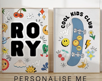 Skateboard and personalised name art prints, custom skater boy,  Set of 2, cool colourful playroom and bedroom, smiley face, stickers,