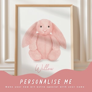 Jellycat bunny art prints, personalised with name, Bashful pink Bunny teddy, newborn baby gift, nursery art,