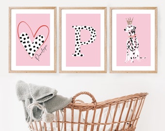 Personalised Nursery pink Dalmatian Print Set, kids Wall Art, Set of 3 nursery, Girls Decor, Personalised name and initial, kids room art,