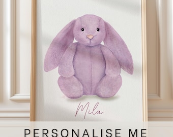 Jellycat bunny art prints, personalised with name, Bashful lilac Bunny purple teddy, newborn baby gift, nursery art,
