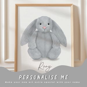 Láminas artísticas de conejito Jellycat, personalizadas con nombre, conejito de peluche gris plateado tímido, regalo para bebé recién nacido, arte infantil.