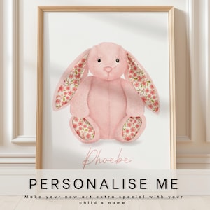 Jellycat bunny art prints, personalised with name, blossom blush bunny teddy, newborn baby gift, nursery art, pink bunny