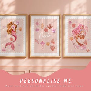 Mermaid kids bedroom wall art prints set 3,sea shells, personalised with name, pink blush, coral peach, scalloped edges, under the sea theme