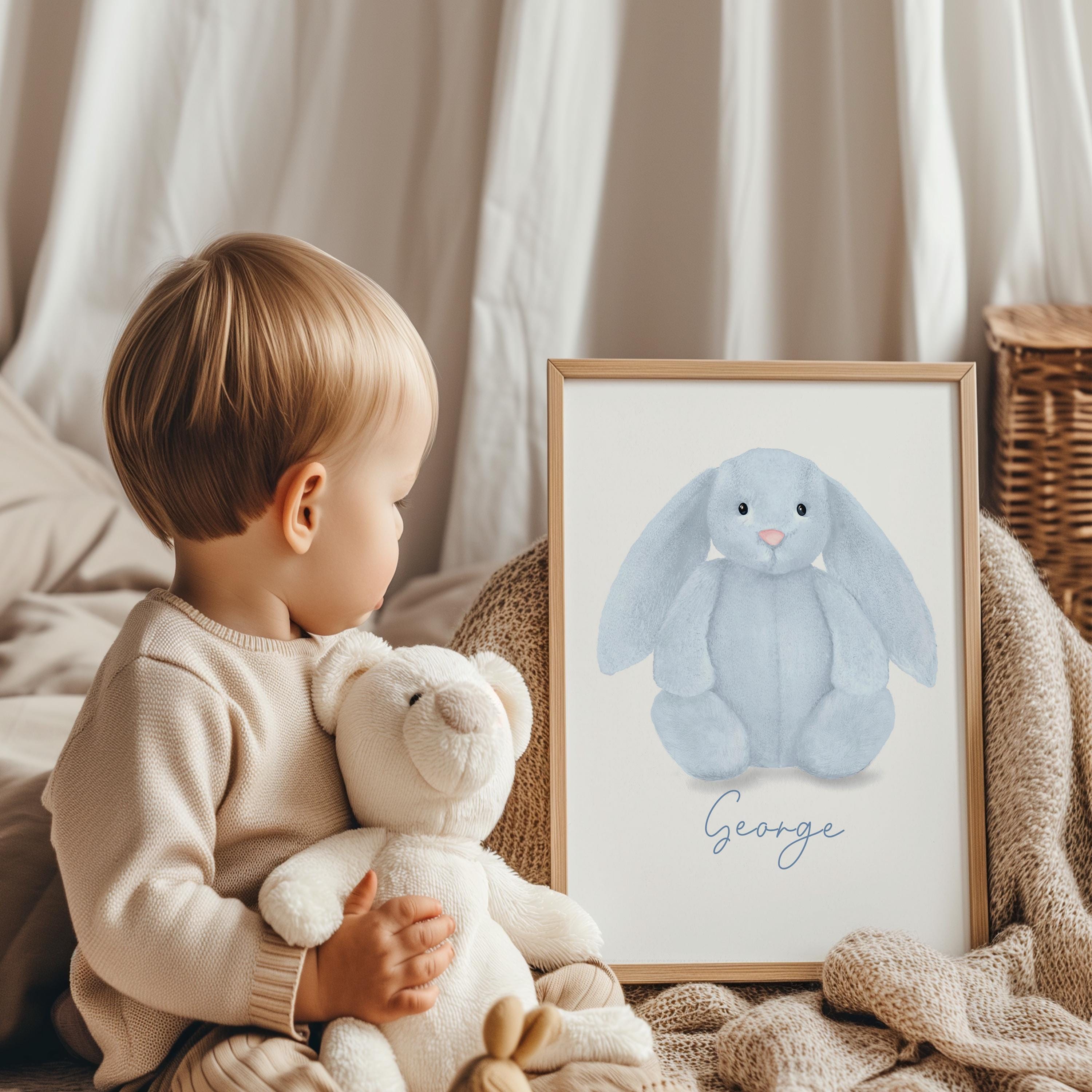 Jellycat Bunny Art Prints, Personalised With Name, Bashful Blue