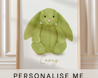 Jellycat bunny art prints, personalised with name, Bashful moss Bunny green teddy, newborn baby gift, nursery art,
