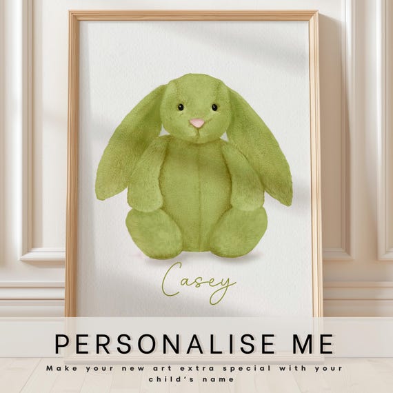 Jellycat Bunny Art Prints, Personalised With Name, Bashful Moss