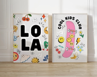 Skateboard and personalised name art prints, custom skater girl,  Set of 2, cool colourful playroom and bedroom, smiley face, stickers,