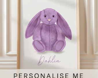 Jellycat bunny art prints, personalised with name, iris bashful bunny teddy, purple, newborn baby gift, nursery art,