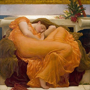 May include: A painting of a woman in a flowing orange dress, asleep on a draped surface. Her long auburn hair cascades around her. The background features a seascape and architectural details, with hints of flowers.