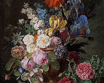 Flowers in Urn on a Stone Ledge | Jan Frans van Dael | Canvas Art Print Reproduction | 21.7/17.6in (55/45cm)