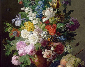 Vase of Flowers, Grapes and Peaches | Jan Frans van Dael | Canvas Art Print Reproduction | 21.7/17.1in (55/43cm)