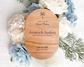 Palm Tree Wood Engraved Save the Date Magnet, Transparent Clear Acrylic, Tropical Summer Beach Destination Wedding | 'Tulum'