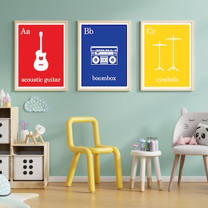 Digital Rock n Roll ABC Music Prints / Conjunto de 3 / Conjunto de pared de galería / Arte de guardería infantil / Sala de música / Habitación para niños / Regalo de baby shower imagen 1