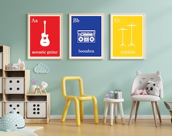 Digitale Rock n Roll ABC Musik Prints | 3er Set | Galerie Wand Set | Kinderzimmer Kunst | Musikzimmer | Kinderzimmer | Baby Shower Geschenk