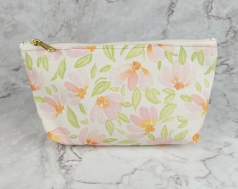 Pink Watercolor Daisies Zipper Cosmetic Bag, Pouch, Pencil Case, Accessory Bag, Cute Make Up Bag, Travel Bag
