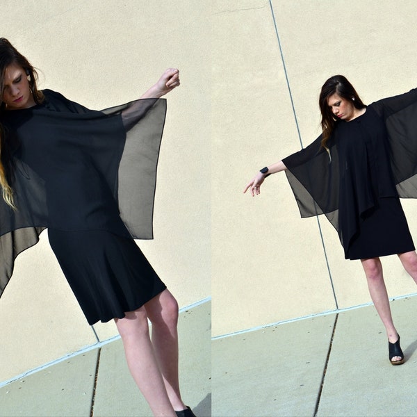 Vintage sheer black 90s DRAPED square shaped ONE SIZE avant garde cape coat